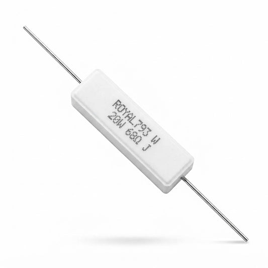 Resistenza a filo avvolto in corpo ceramico 68 Ohm 20W con terminali assiali per montaggio PTH su circuito stampato