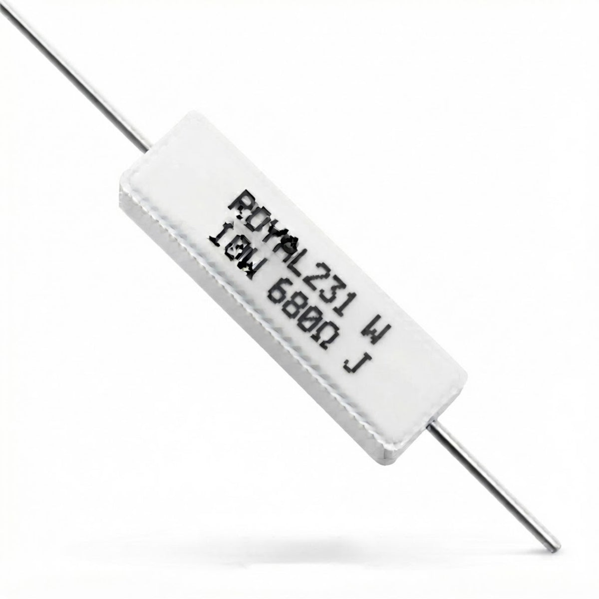 Resistenza a filo avvolto in corpo ceramico 680 Ohm 10W con terminali assiali per montaggio PTH su circuito stampato