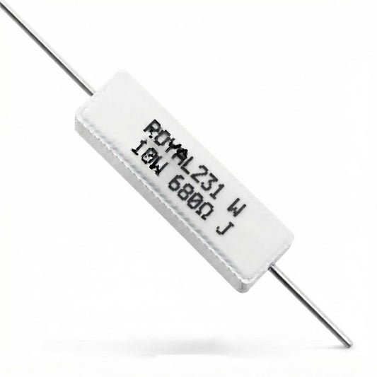 Resistenza a filo avvolto in corpo ceramico 680 Ohm 10W con terminali assiali per montaggio PTH su circuito stampato