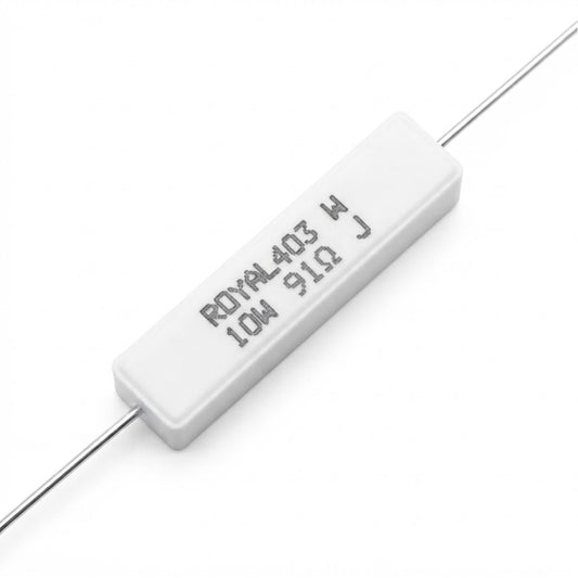 Resistenza a filo avvolto in corpo ceramico 91 Ohm 10W con terminali assiali per montaggio PTH su circuito stampato