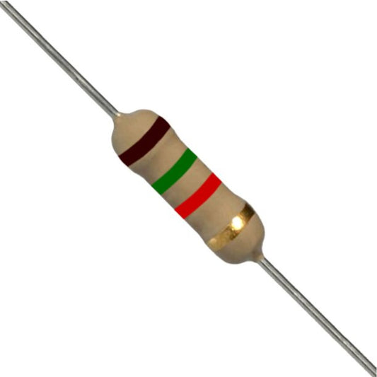 Resistenza a strato di carbone 1,5K Ohm 1/2W con terminali assiali per montaggio PTH su circuito stampato