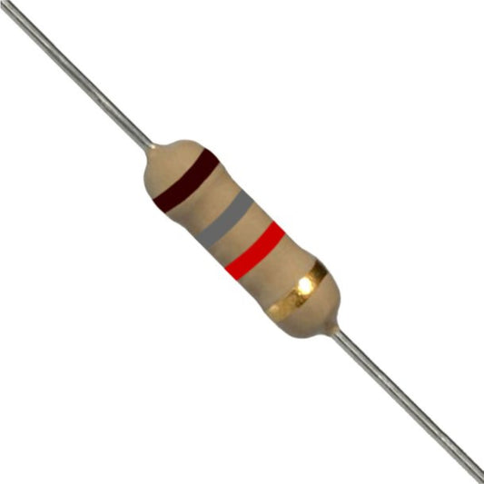 Resistenza a strato di carbone 1,8K Ohm 1/2W con terminali assiali per montaggio PTH su circuito stampato