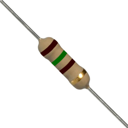 Resistenza a strato di carbone 150 Ohm 1/2W con terminali assiali per montaggio PTH su circuito stampato