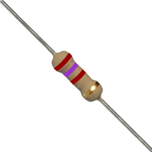 Resistenza a strato di carbone 2,7 K Ohm 1/4W con terminali assiali per montaggio PTH su circuito stampato