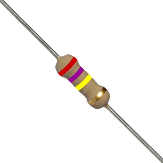 Resistenza a strato di carbone 270 K Ohm 1/4W con terminali assiali per montaggio PTH su circuito stampato