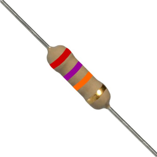 Resistenza a strato di carbone 27K Ohm 1/2W con terminali assiali per montaggio PTH su circuito stampato