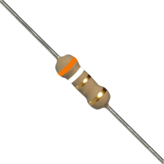 Resistenza a strato di carbone 3,9 Ohm 1/4W con terminali assiali per montaggio PTH su circuito stampato