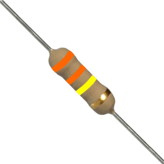 Resistenza a strato di carbone 330K Ohm 1/2W con terminali assiali per montaggio PTH su circuito stampato