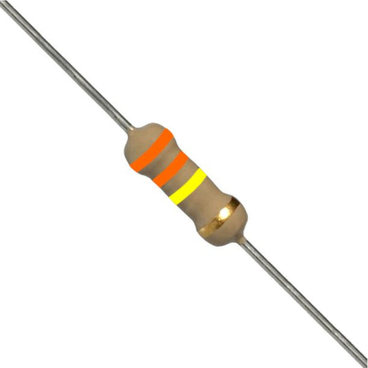 Resistenza a strato di carbone 330 K Ohm 1/4W con terminali assiali per montaggio PTH su circuito stampato
