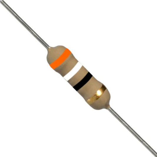 Resistenza a strato di carbone 39 Ohm 1/2W con terminali assiali per montaggio PTH su circuito stampato