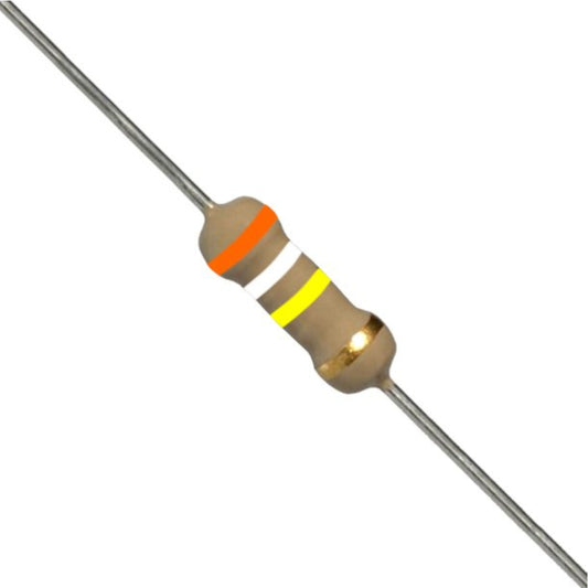 Resistenza a strato di carbone 390 K Ohm 1/4W con terminali assiali per montaggio PTH su circuito stampato