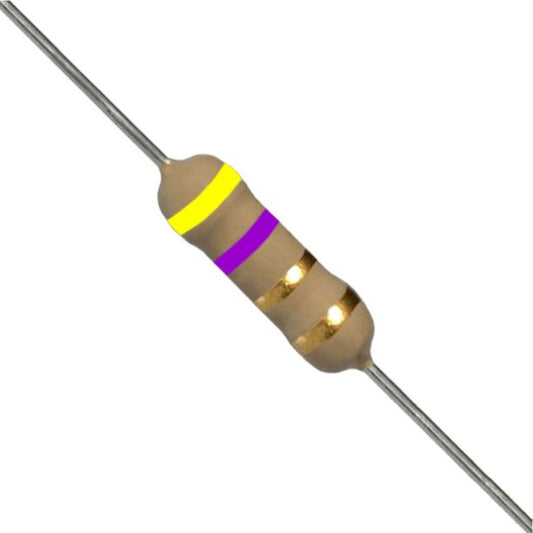 Resistenza a strato di carbone 4,7 Ohm 1/2W con terminali assiali per montaggio PTH su circuito stampato