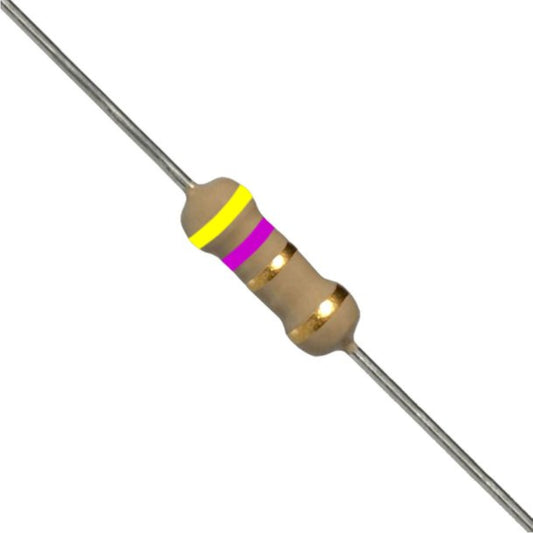Resistenza a strato di carbone 4,7 Ohm 1/4W con terminali assiali per montaggio PTH su circuito stampato