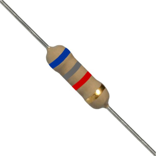 Resistenza a strato di carbone 6,8K Ohm 1/2W con terminali assiali per montaggio PTH su circuito stampato