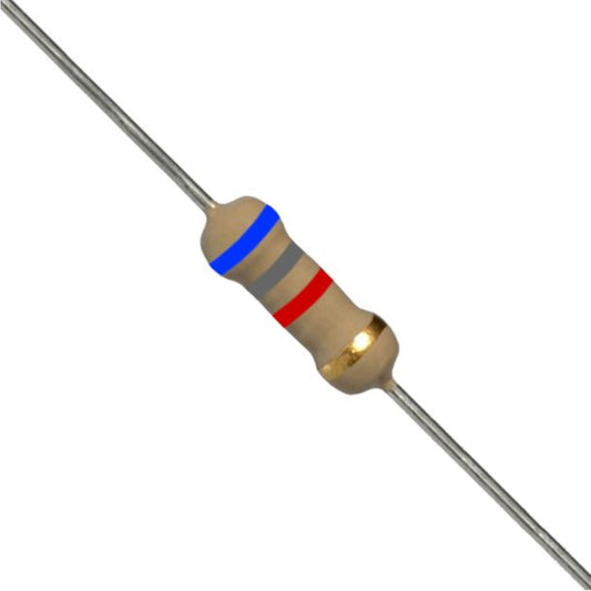 Resistenza a strato di carbone 6,8 K Ohm 1/4W con terminali assiali per montaggio PTH su circuito stampato