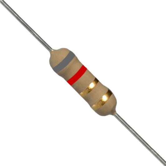 Resistenza a strato di carbone 8,2 Ohm 1/2W con terminali assiali per montaggio PTH su circuito stampato
