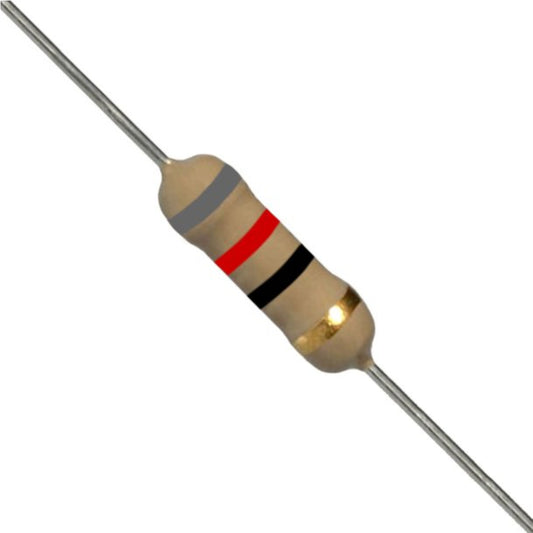 Resistenza a strato di carbone 82 Ohm 1/2W con terminali assiali per montaggio PTH su circuito stampato