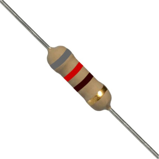 Resistenza a strato di carbone 820 Ohm 1/2W con terminali assiali per montaggio PTH su circuito stampato