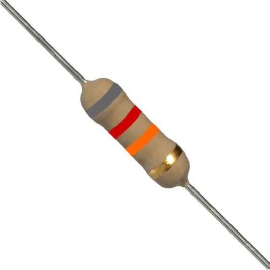 Resistenza a strato di carbone 82K Ohm 1/2W con terminali assiali per montaggio PTH su circuito stampato