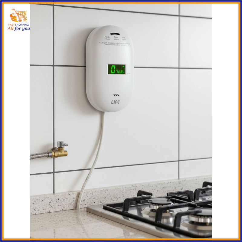 Rilevatore gas metano GPL 10 anni installato sopra fornelli con display 0% LEL.