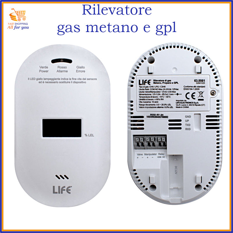Rilevatore gas Metano GPL fronte e retro con specifiche tecniche e certificazione EN50194.