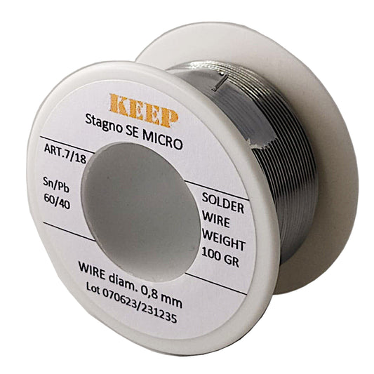 Rocchetto di fili di stagno per saldatura da 100g e spessore 0.8mm marca Keep con lega Sn/Pb 60/40