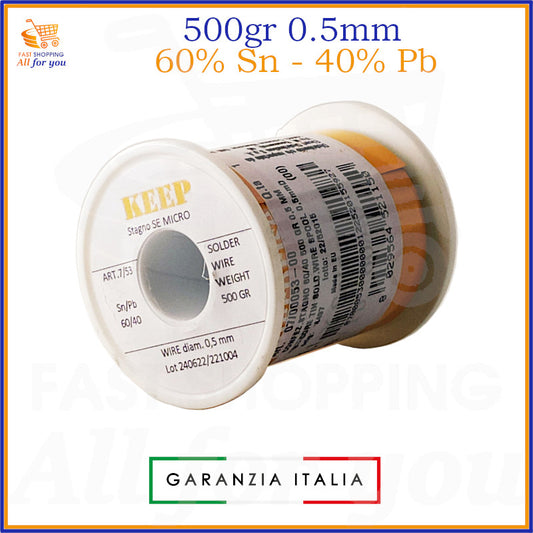 Rocchetto di filo per saldatura Stagno SE MICRO marca Keep, con lega 60% Sn e 40% Pb, diametro 0.5mm e peso 500g. Imballaggio con etichetta leggibile.