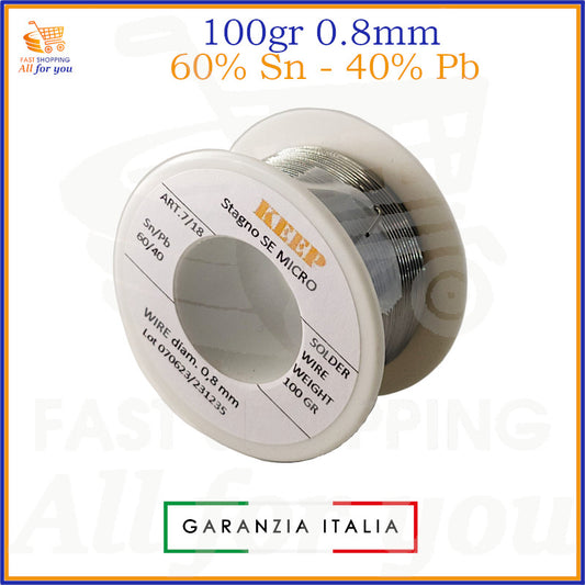 Rocchetto di filo per saldatura Stagno SE MICRO marca Keep, lega 60% Sn e 40% Pb, spessore 0.8mm e peso 100g. Ideale per saldature elettroniche.