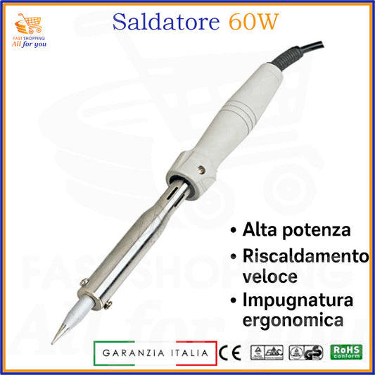 Saldatore a stilo 60W per elettronica con impugnatura ergonomica, punta a lunga durata, certificazioni CE e RoHS.