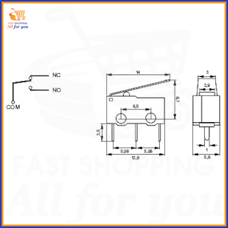 Schema tecnico con dimensioni e piedinatura del micro deviatore a leva per PCB