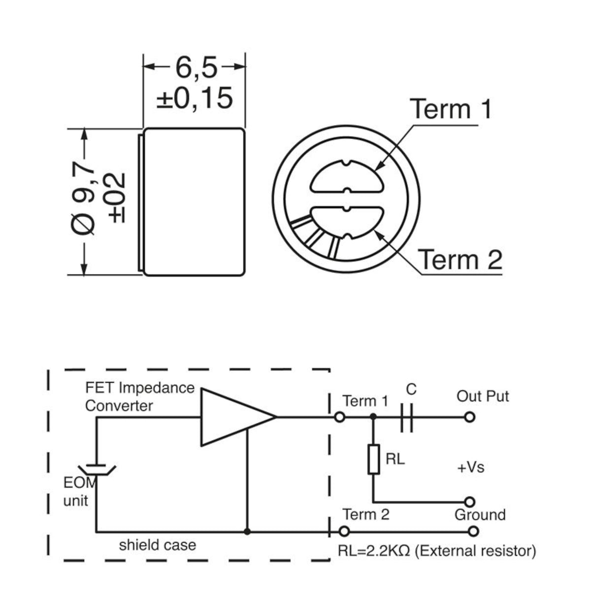 Schema tecnico quotato e circuito elettrico di collegamento della capsula microfonica preamplificata da 9.7mm