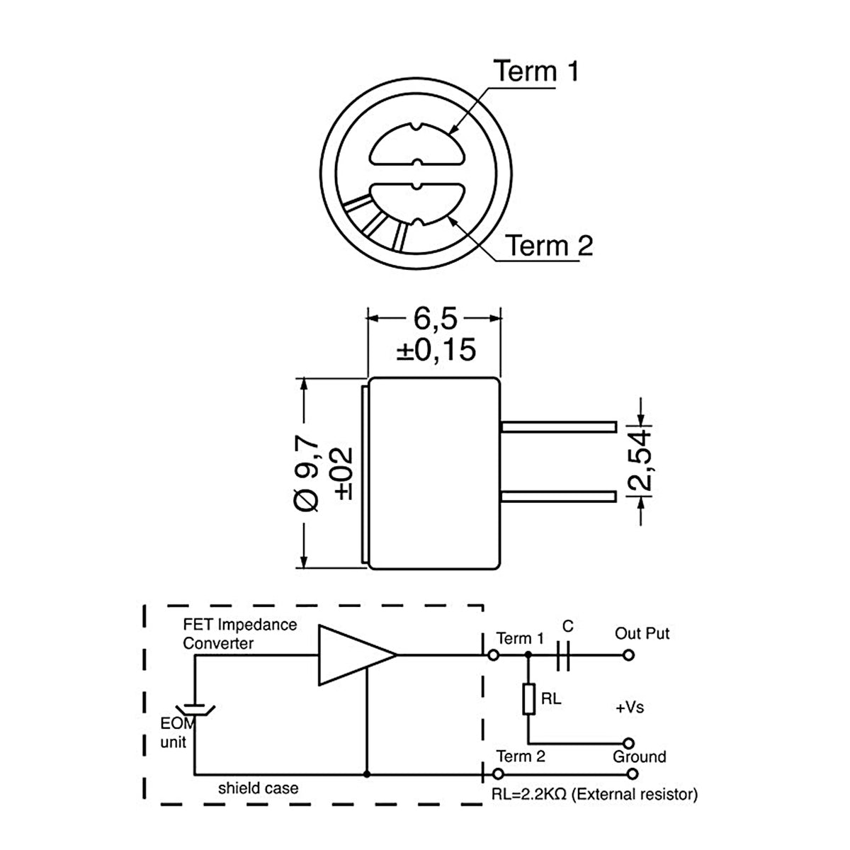 Schema tecnico e dimensioni di ingombro della capsula microfonica a condensatore 9,7x6,5mm