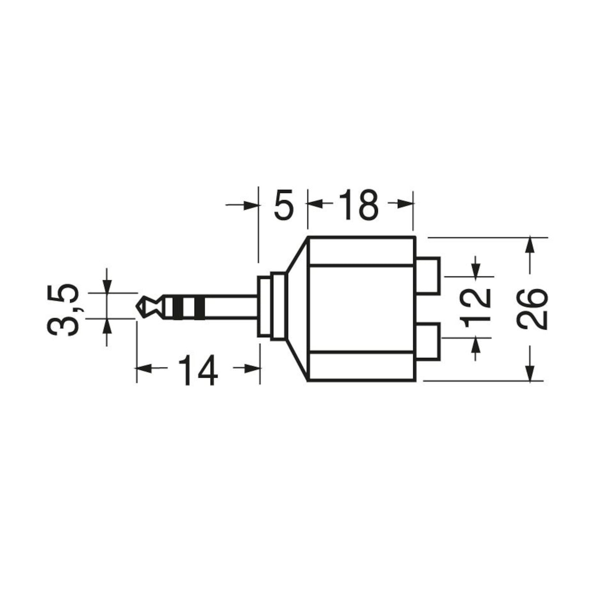 Schema tecnico con quote e dimensioni d'ingombro dell'adattatore audio jack 3,5 mm a 2 prese RCA