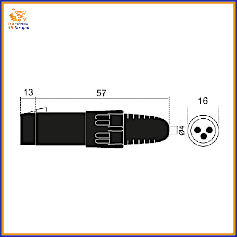 Schema tecnico con dimensioni millimetrate della presa Cannon 3 poli: lunghezza 57mm e diametro 16mm.