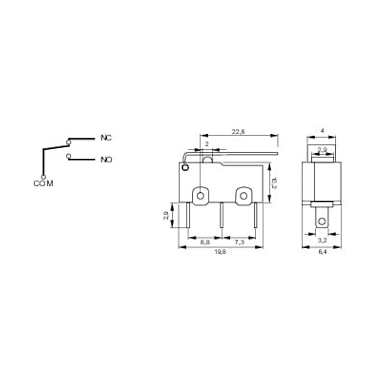 Schema tecnico con quote, dimensioni d'ingombro e schema elettrico del deviatore subminiatura a leva lunga ON-ON