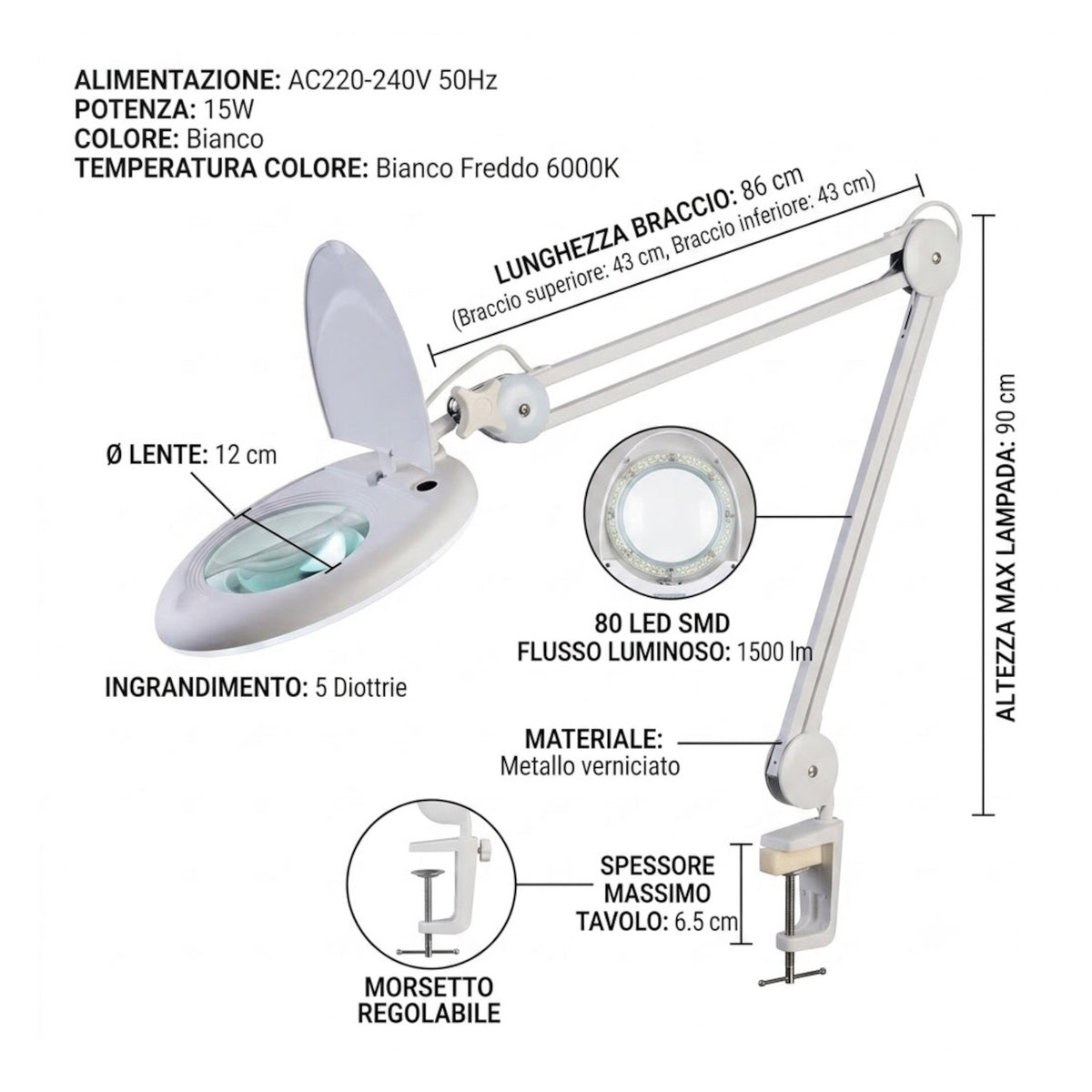 Schema tecnico con dimensioni e specifiche della lampada da laboratorio 80 LED con lente d'ingrandimento