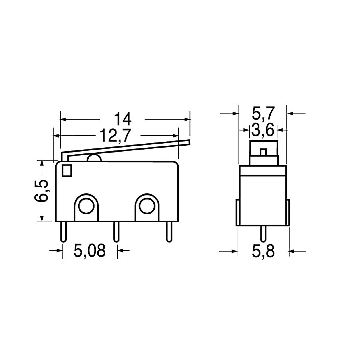 Disegno tecnico con quote dimensionali del microswitch a leva corta SPDT 3 pin per PCB, modello 04/07427-00.
