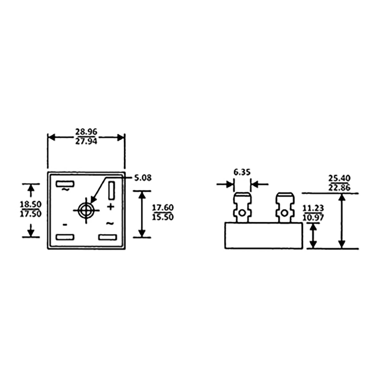 Disegno tecnico e quote dimensionali del ponte diodi raddrizzatore monofase KBPC5010