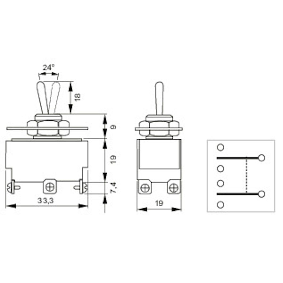 Schema tecnico e quote dimensionali del doppio deviatore a levetta ON-OFF-ON 15A con terminali a vite e schema elettrico dei contatti