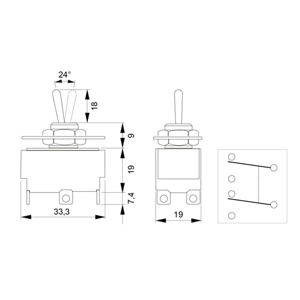 Schema tecnico e quote dimensionali del doppio deviatore a levetta ON-ON 15A con schema elettrico dei contatti
