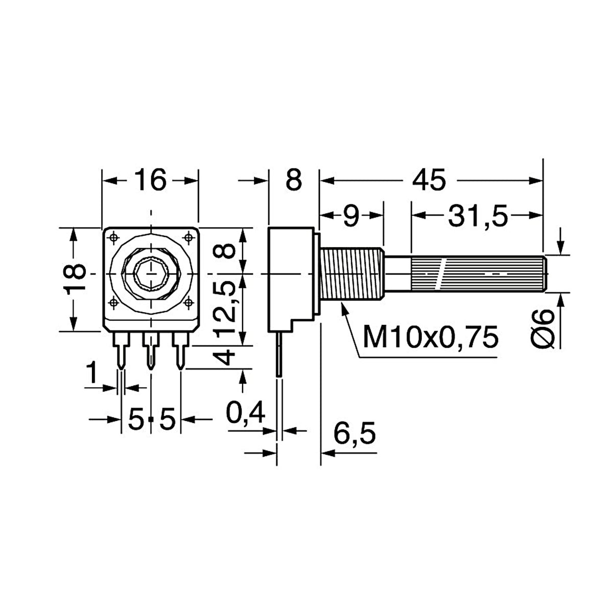 Schema tecnico con quote e dimensioni d'ingombro del potenziometro lineare a strato di carbone da 220 kOhm con albero da 6 mm