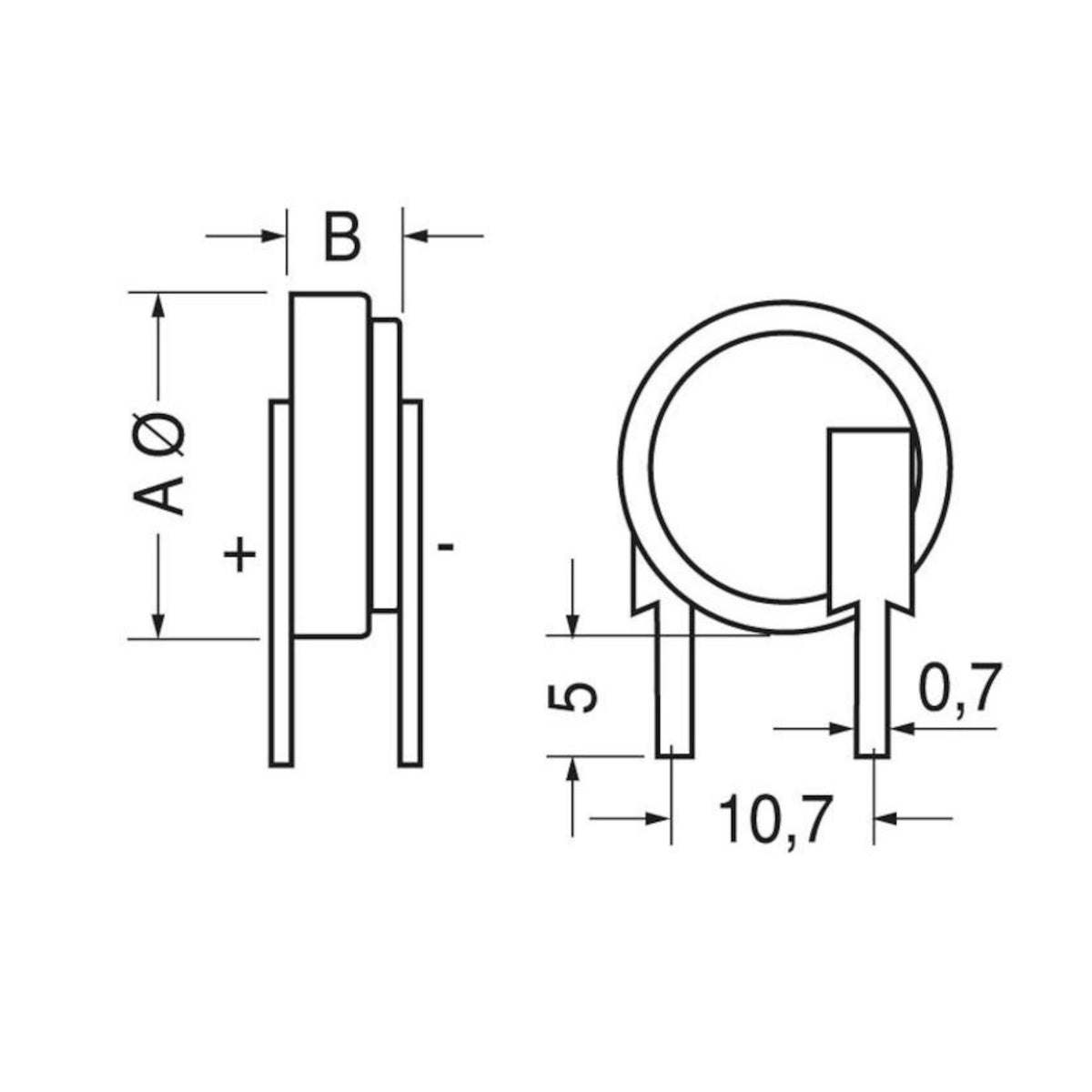 Disegno tecnico con quotature e dimensioni dei terminali per pila a bottone al litio CR2450