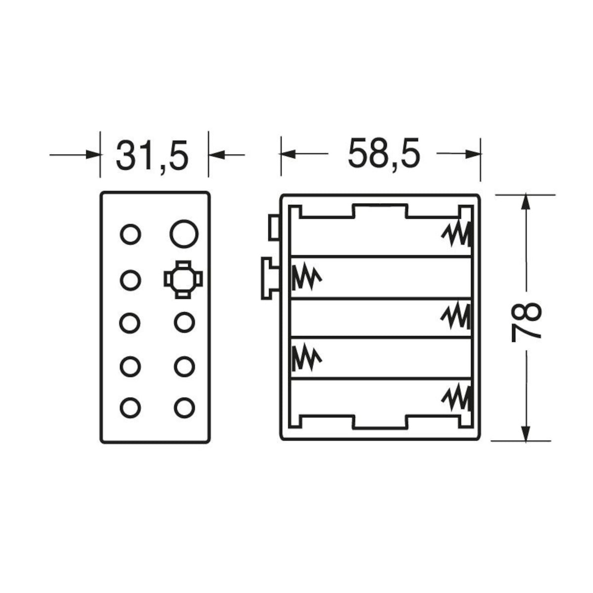 Disegno tecnico con quotature e dimensioni del portapile in polipropilene per 10 pile stilo AA UM3