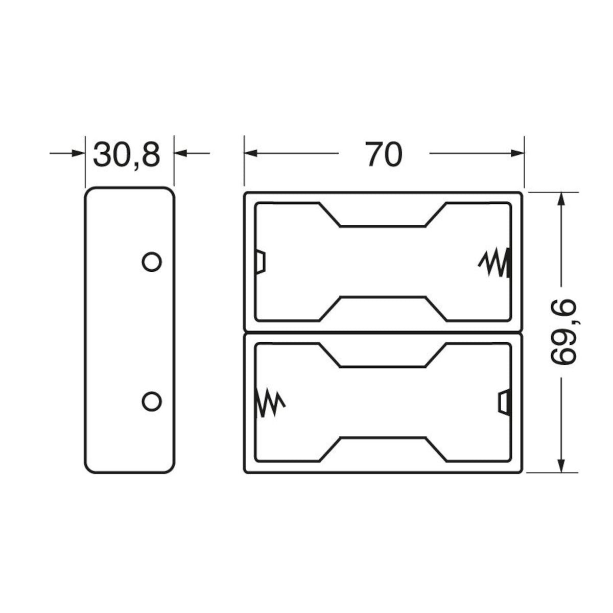 Disegno tecnico con quotature e dimensioni del portapile in polipropilene per 2 batterie torcia D UM1