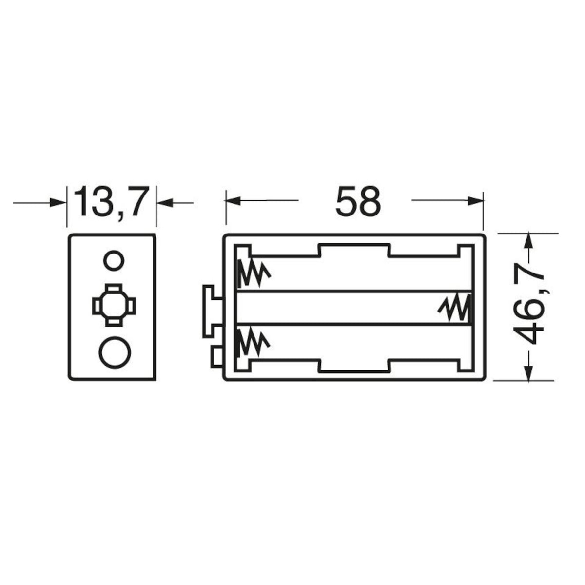Disegno tecnico con quotature e dimensioni del portapile in polipropilene per 3 pile stilo AA UM3
