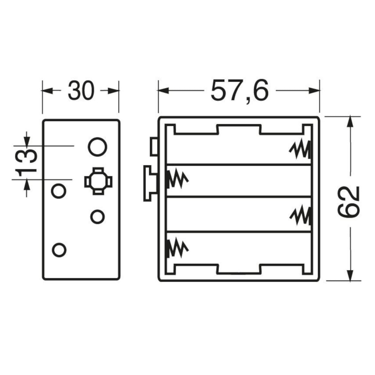 Disegno tecnico con quotature e dimensioni del portapile in polipropilene per 8 pile stilo AA UM3