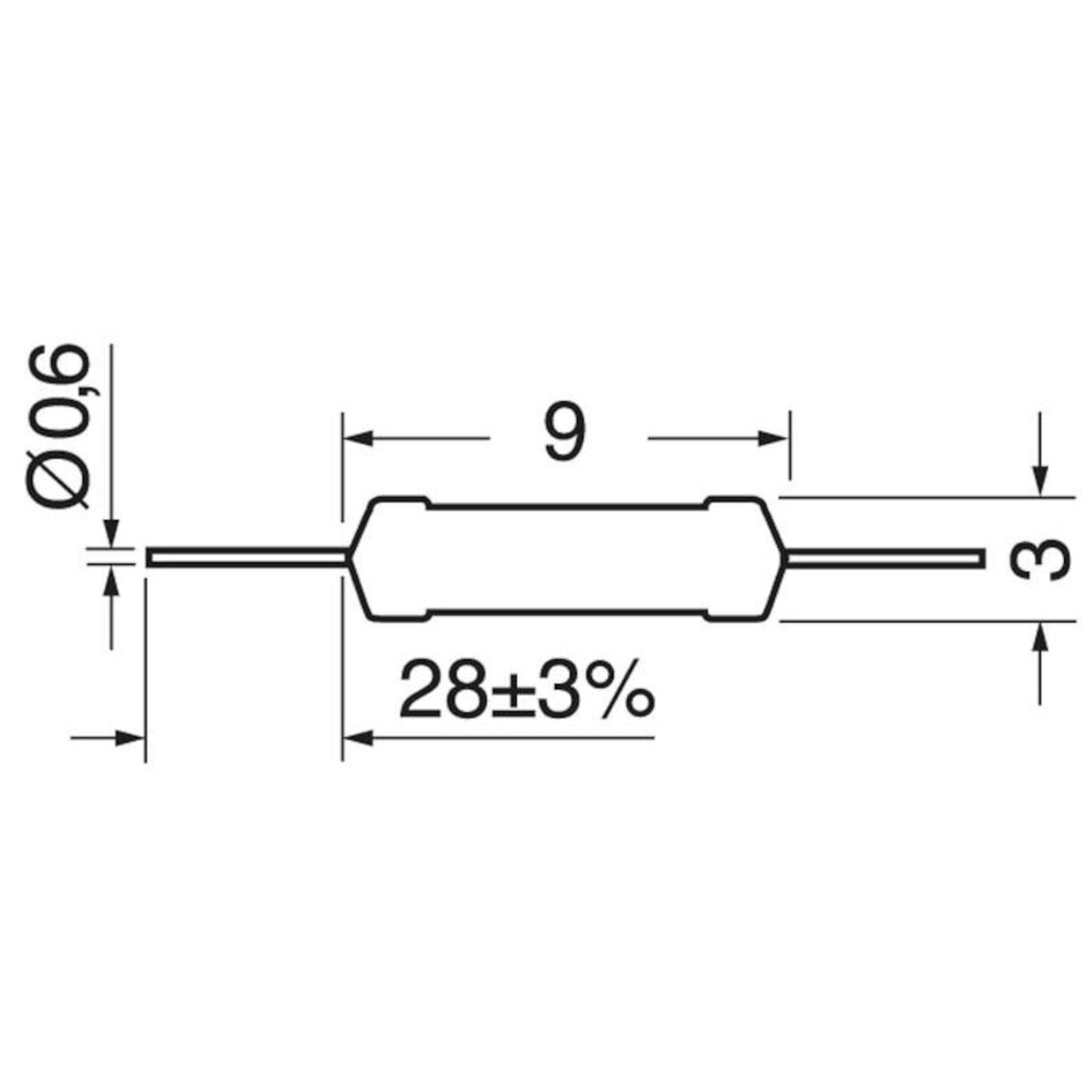 Schema tecnico e dimensioni geometriche resistenza strato di carbone 1/2W con diametro 0,6mm