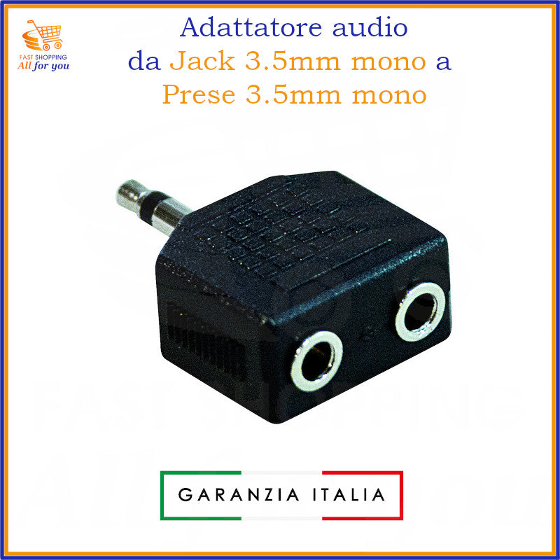 Sdoppiatore audio con spina jack 3.5mm mono maschio e due prese jack 3.5mm mono femmina.