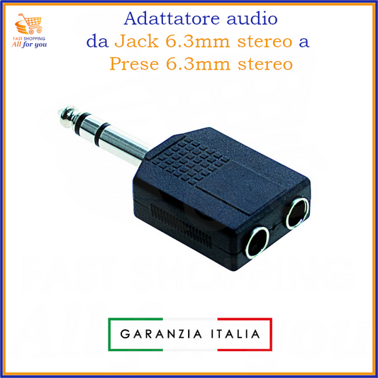 Sdoppiatore audio con spina jack 6.3mm stereo maschio e due prese jack 6.3mm stereo femmina.