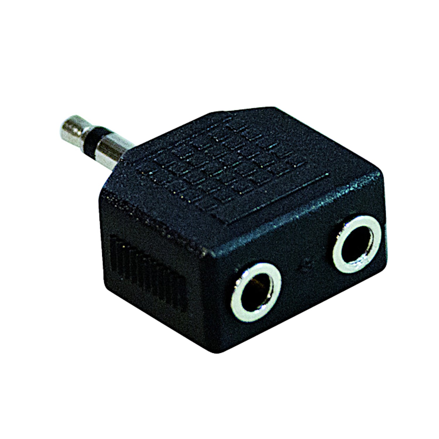 Sdoppiatore audio mono con una spina jack maschio 3.5mm e due prese jack femmina 3.5mm con corpo in plastica nera, ideale per duplicare segnali audio mono.